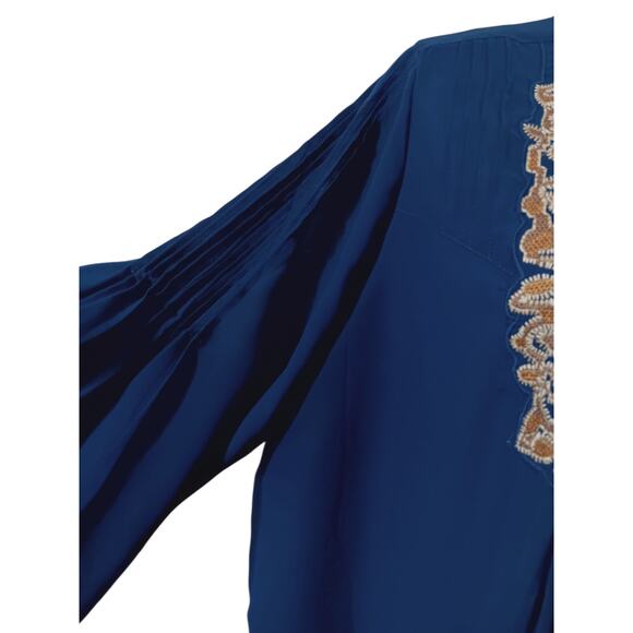 Denim 24/7 Blouse Top Plus 18W/2X Artsy Boho Flowy Embroidered Floral Tucks Blue - Picture 8 of 15